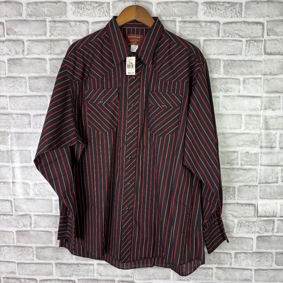Wrangle Rustler Black & Red Striped Pearl Snap Western Shirt Mens 18 X-Long Tail - Picture 1 of 8